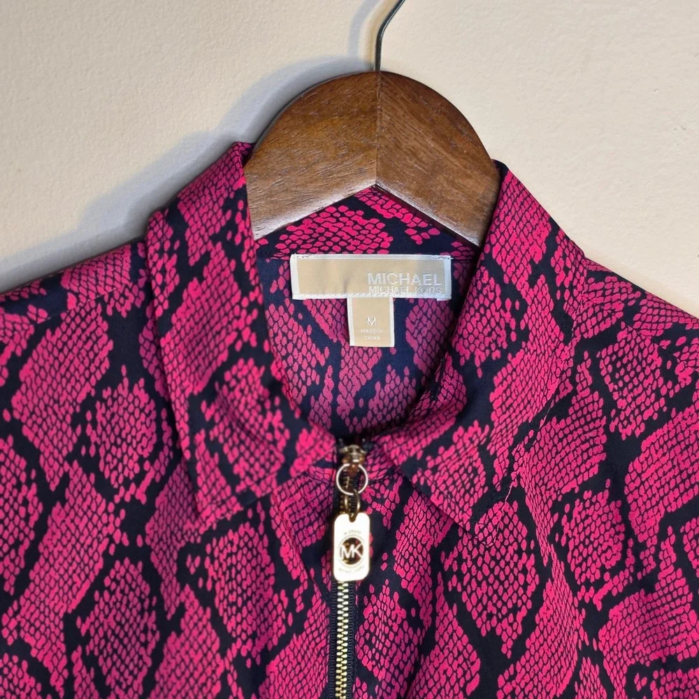 Michael Kors Zip Front Blouse Womens Medium Pink Snakeskin Roll Tab Sleeve Chic